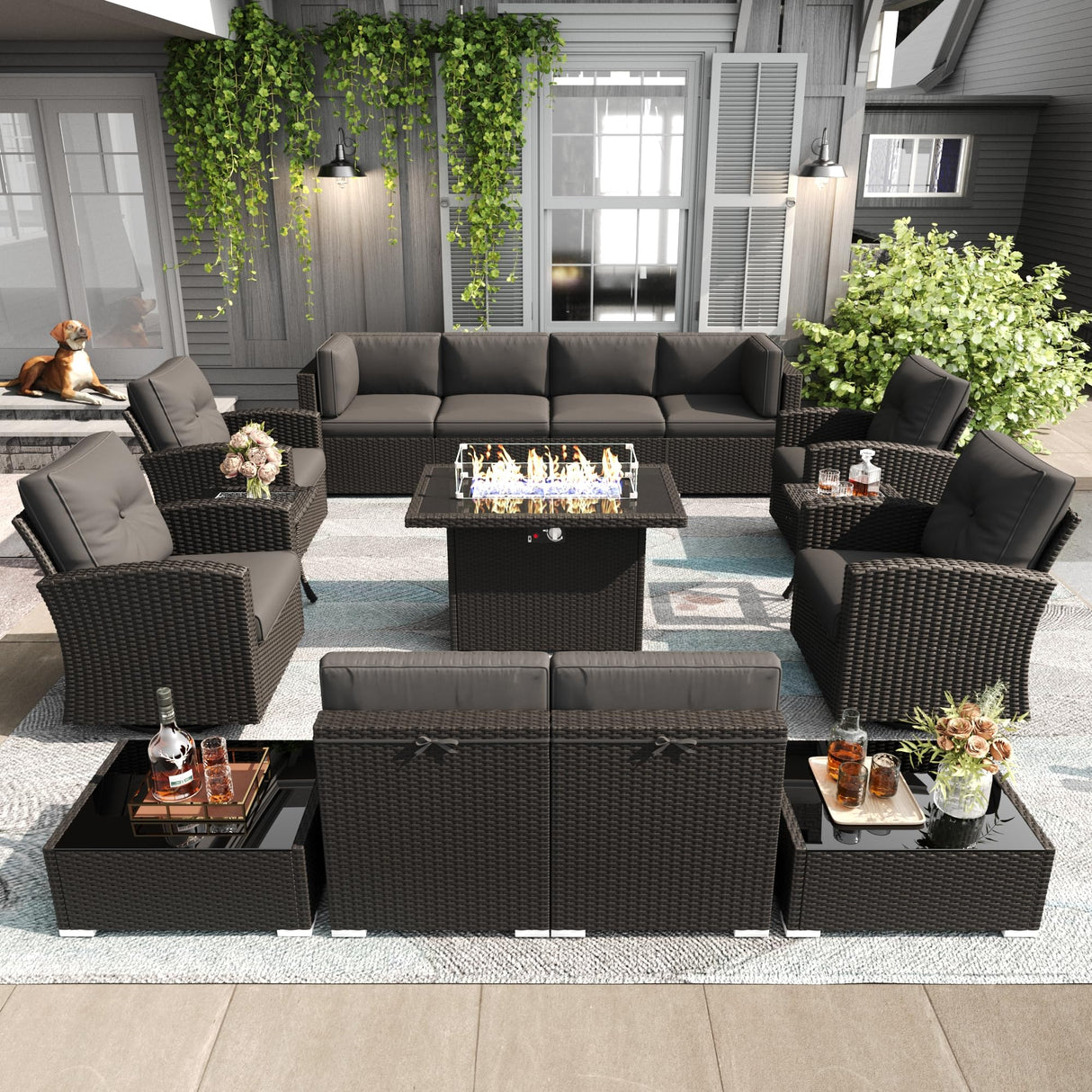 LayinSun 15 Pieces Patio Furniture Set with Fire Pit Table, Black Rattan Modular Sectional Outdoor Conversation Sofa Set, Swivel Rocking Chairs Set LayinSun