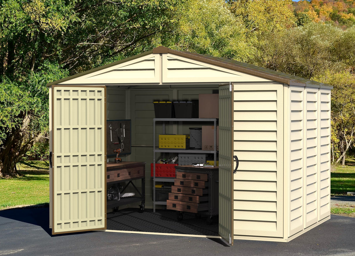 Duramax Woodbridge Plus 10.5 x 8 (8.02 m2) Plastic Garden Shed with 1 Fixed Window & Metal Foundation Kit, Strong Metal Roof Structure Fire Retardant and Maintenance-Free Storage Shed - Ivory/Brown DURAMAX