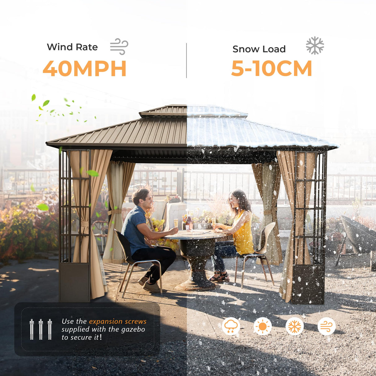 HAPPATIO 10' x 12' Hardtop Gazebo, Outdoor Gazebo with Netting and Curtains, Double Roof Permanent Patio Metal Gazebo Canopy with Storage Shelf for Patio, Deck, Backyard (Brown) HAPPATIO