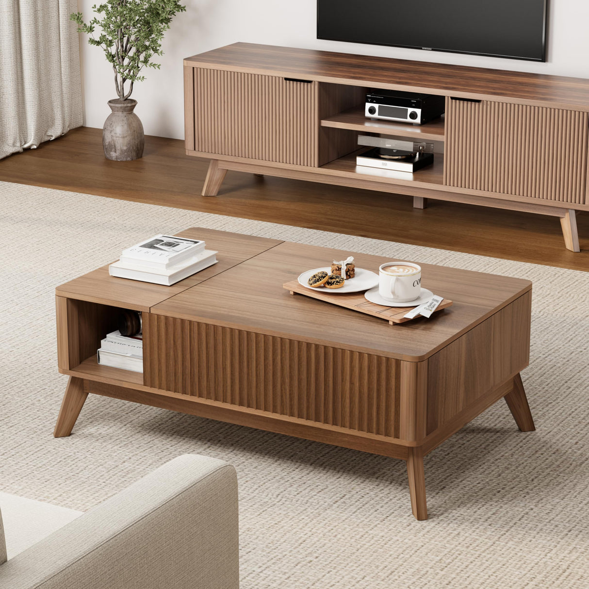 Lift Top Coffee Table with Storage Hidden Compartment, 40" Mid - Century Modern Wooden Living Room Center Table, Adjustable Height Desk for Laptop, Multifunctional Sofa Side Table,Walnut Royal Windsor