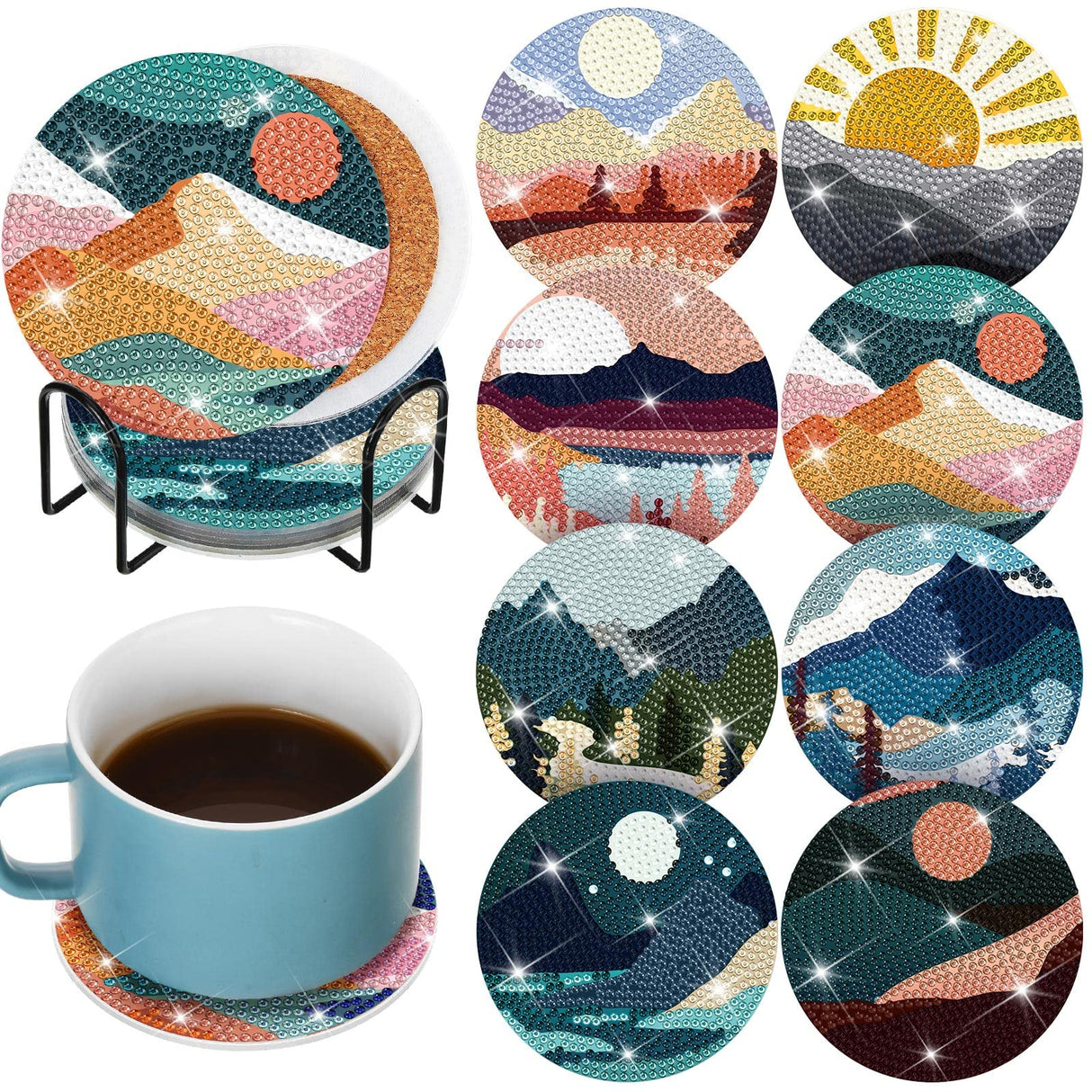 Sunnyray 8 Pcs Diamond Painting Coasters Kits with Holder, Landscape Black Cat Diamond Art Coasters Set Boho Diamonds Dots Painting Kits Adults DIY Art for Drinks Coffee Table(Landscape) Sunnyray