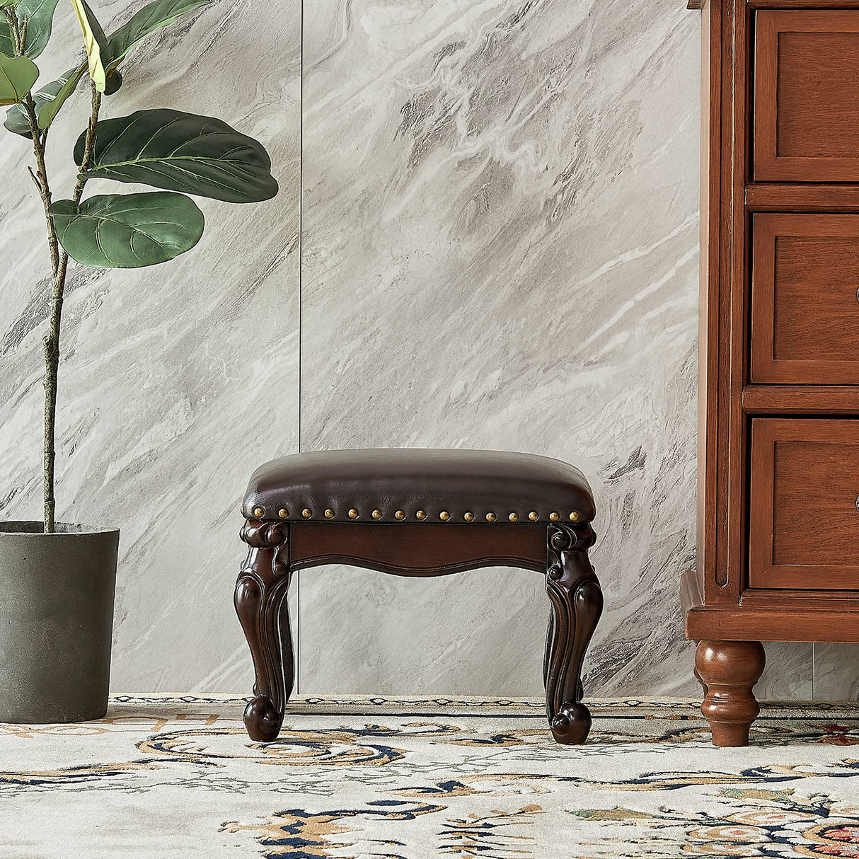 LKZ Foot Stool Microfiber Leather Ottoman Wooden Vintage Stool Small Sofa Stool Footrest Stool for Living Room Bedroom (Black-Brown) LKZ