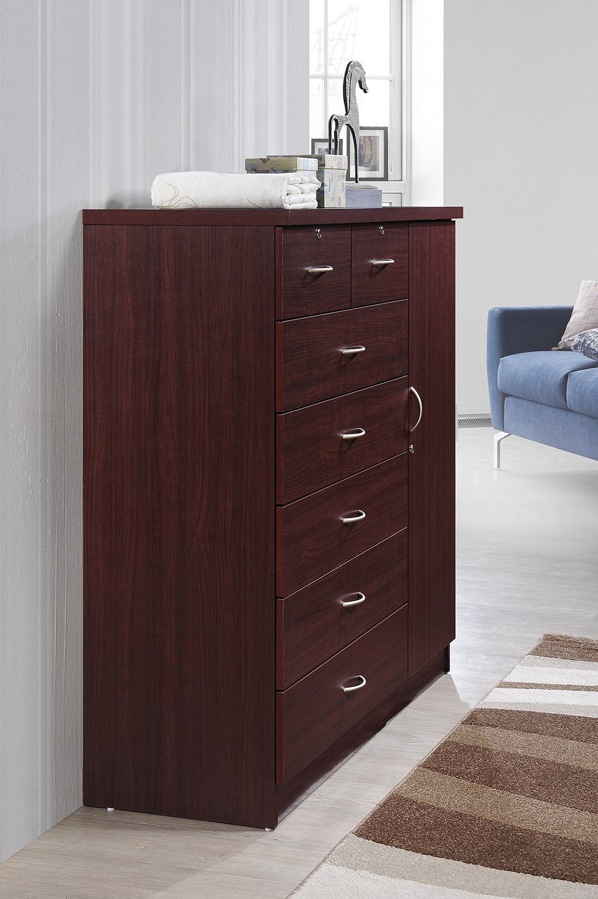 Hodedah 7 Drawer Jumbo Chest, Five Large & Two Smaller Drawers with Two Lock, Hanging Rod, and Three Shelves | Mahogany, 17.76" D X 47.24" W X 48.39" H Hodedah