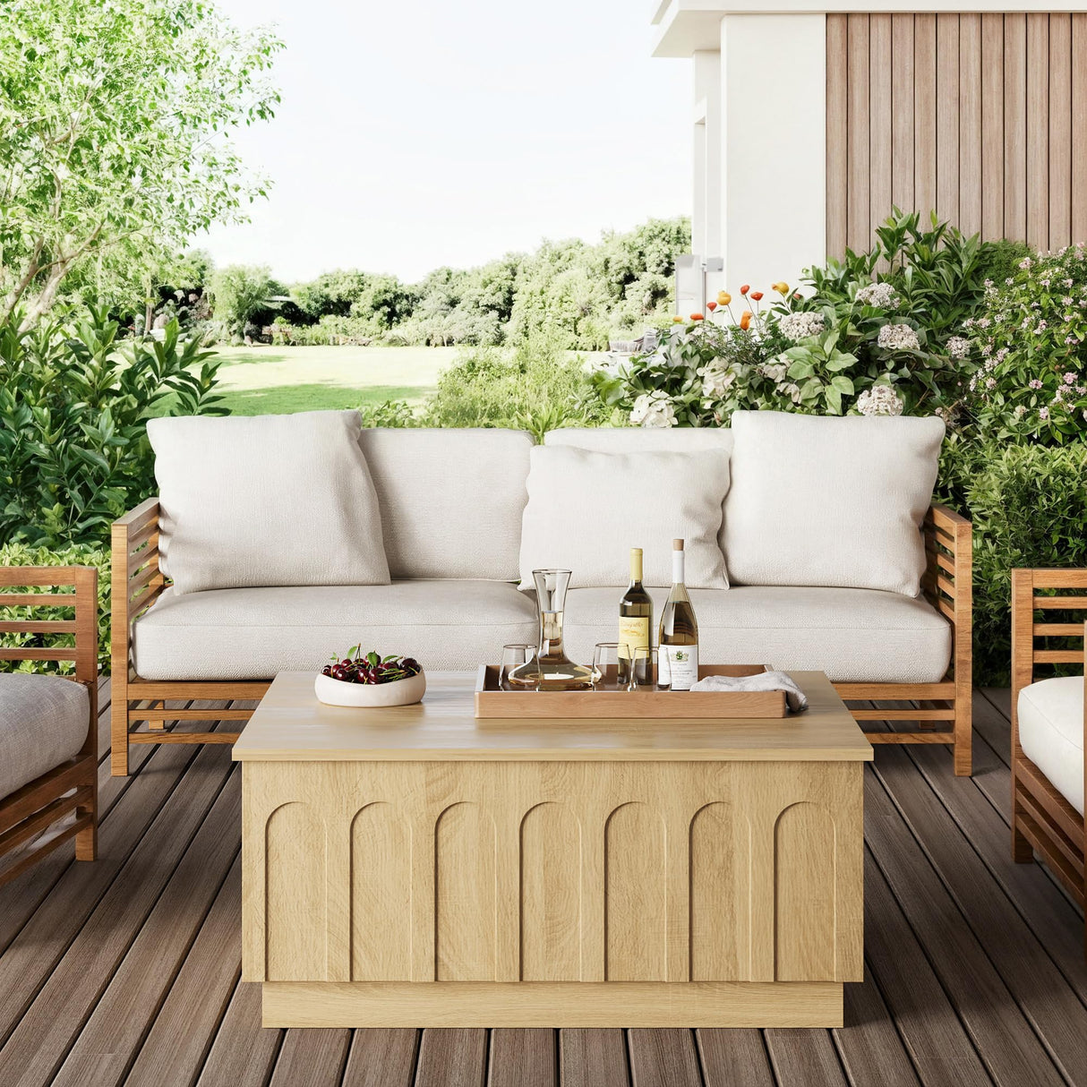 FORTUNETEC Lift Top Coffee Table with Storage, Modern Coffee Table with Arched Design, 31.5" Square Tea Table with Wood Grain, Boho Multifunctional Center Table for Living Room, Office, Oak