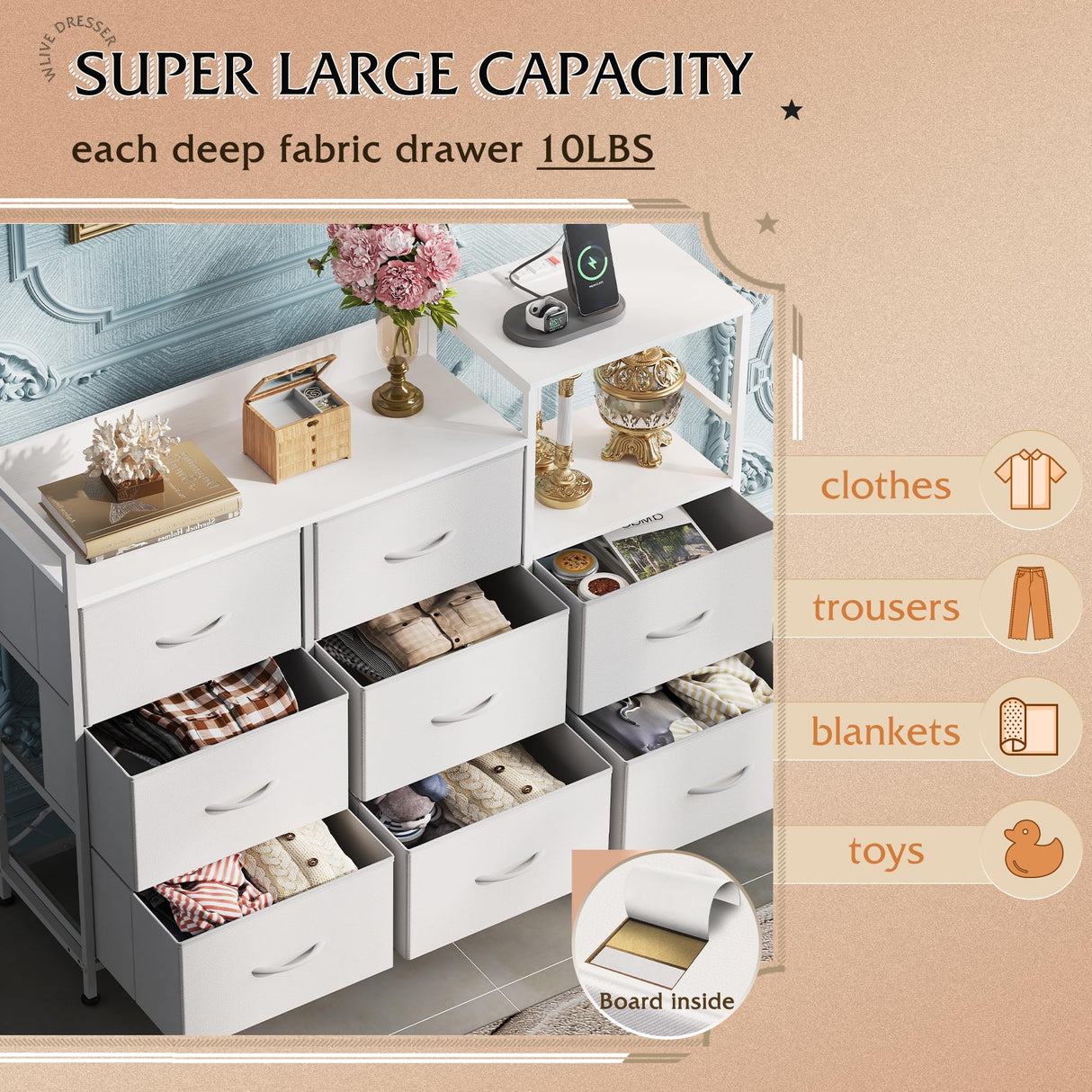 WLIVE White Dresser TV Stand for Bedroom with Charging Station and Open Shelves, Fabric Dresser with 8 Drawers and Wood Top, Wide Storage Chest of Drawers for Living Room, Hallway WLIVE