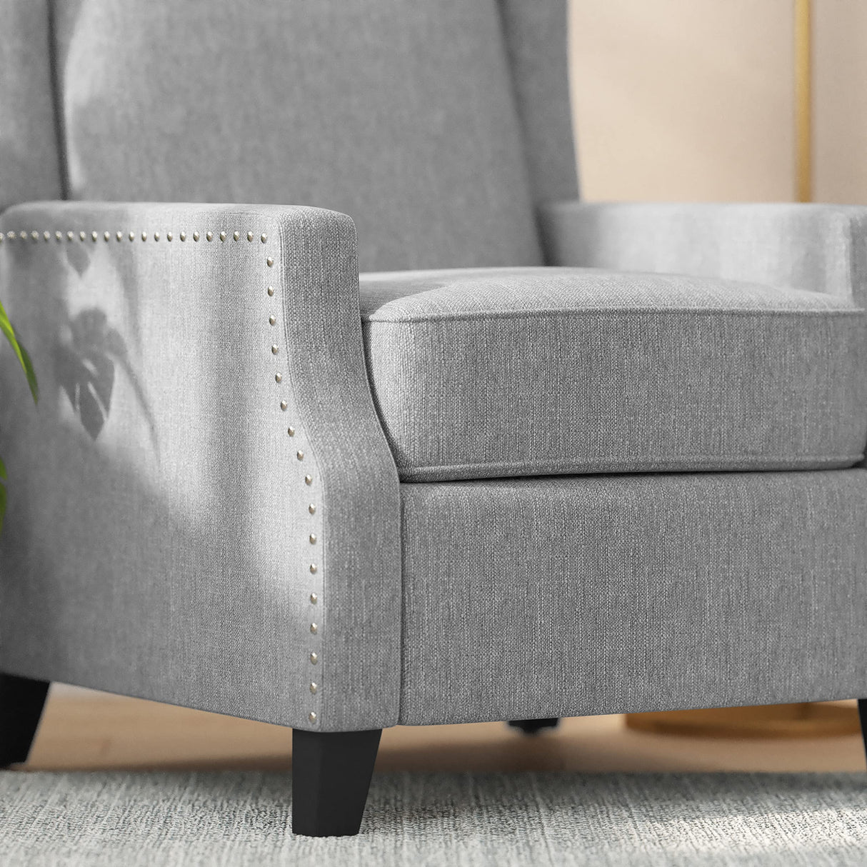 Taylor & Logan Maxfield Traditional Gray Fabric Upholstered Slim Wingback Recliner with Accent Nail Trim and Push Back Recline Taylor & Logan