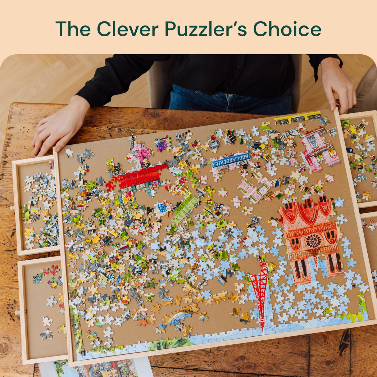 PlayVibe Puzzle Locker 1500 Piece Puzzle Board with Drawers and Cover - Puzzle Solve Station - Sturdy Puzzle Table with 6 Drawers 27" x 35" - Jigsaw Portable Wooden Puzzle Tray, Puzzle Accessories PLAYVIBE