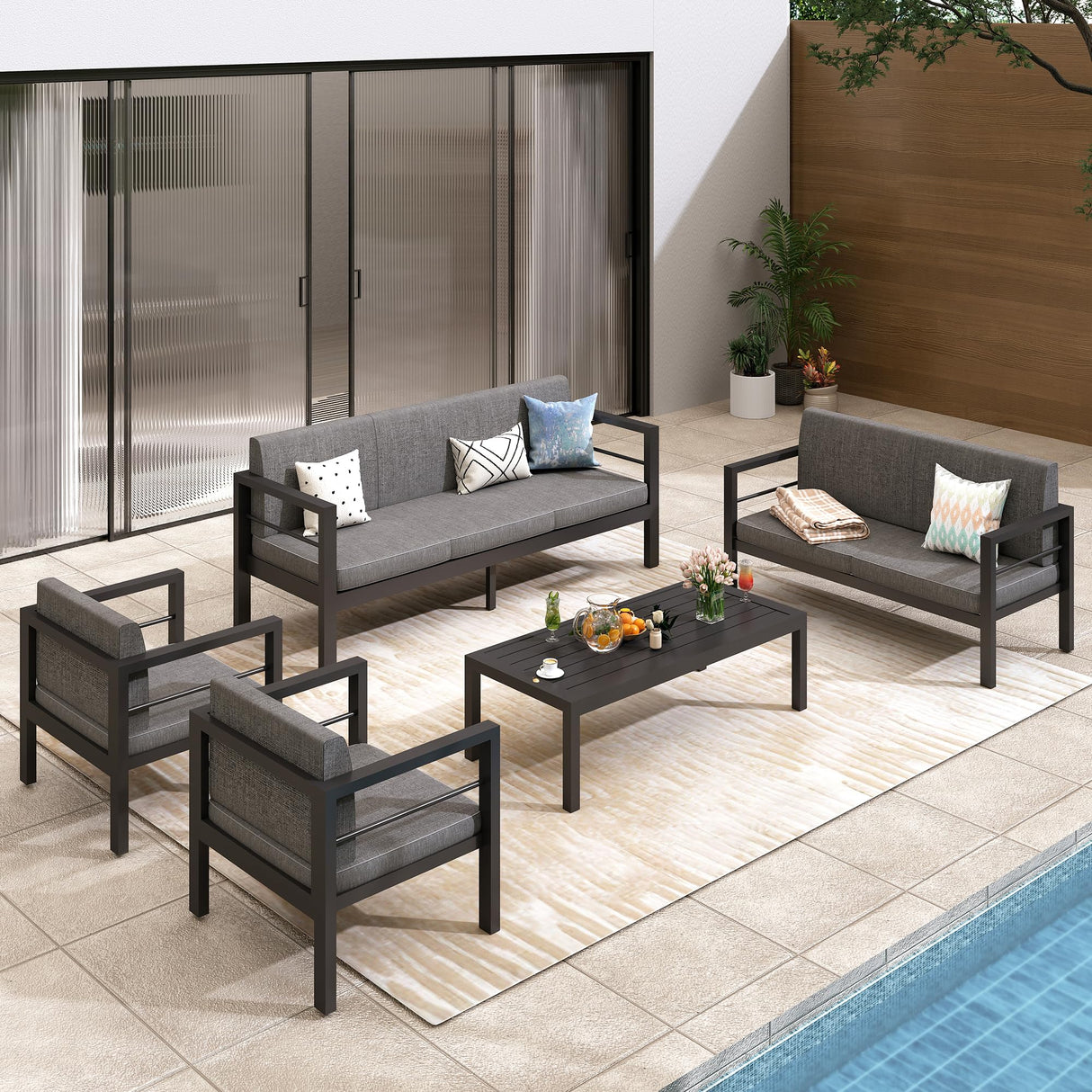 GARTOO Outdoor Aluminum Furniture Set - 5 Pieces Patio Conversation Sofa Sets with Upgraded Removable Cushion, Outside Sectional Sofas Sets with Coffee Table for Balcony, Backyard, Patio, Poolside GARTOO