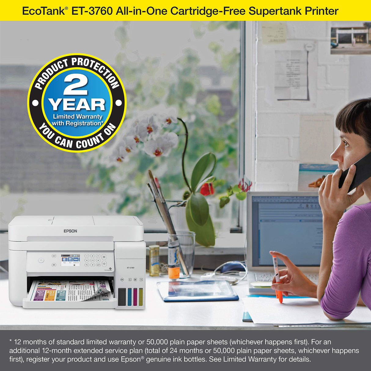 Epson EcoTank ET-3760 Wireless Color All-in-One Cartridge-Free Supertank Printer with Scanner, Copier and Ethernet, Regular Epson