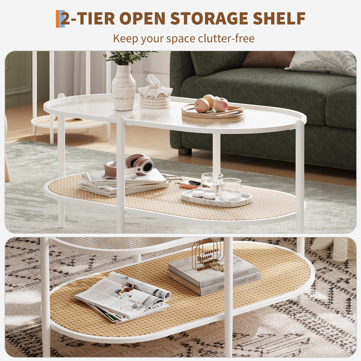 Boho Rattan Coffee Table with Glass Top, 2-Tier Oval Center Table with Metal Frame & Storage Shelf, Rustic Farmhouse Living Room Accent Tea Table for Apartment, Bedroom, Office White IDEALHOUSE