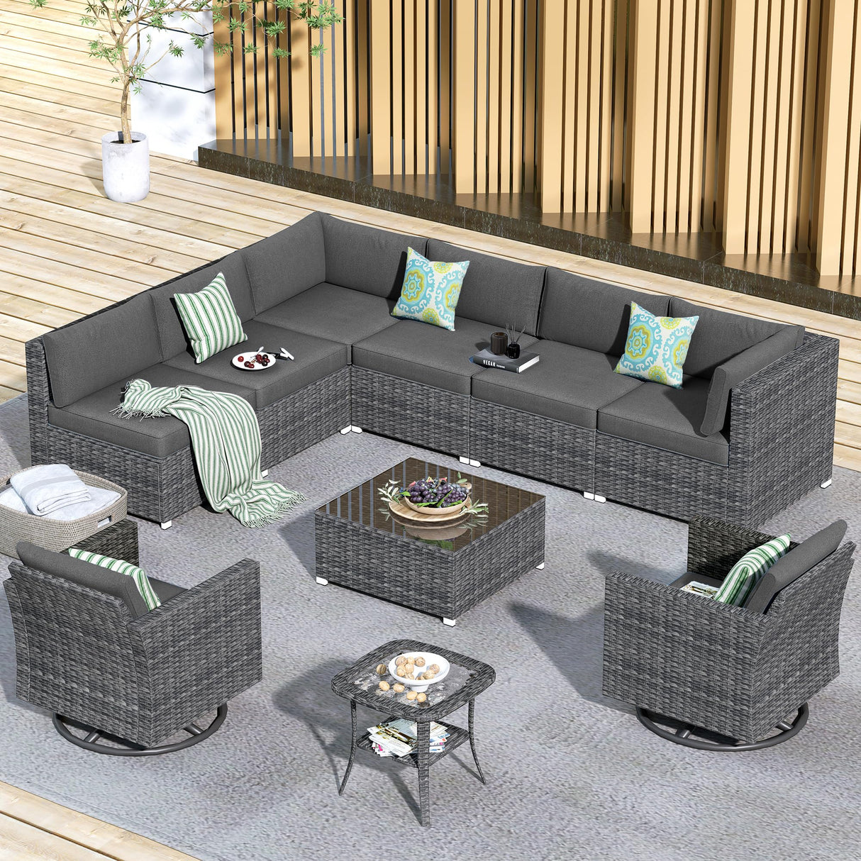 HOOOWOOO 10 Piece Patio Sectional Furniture Set with Swivel Rocking Chairs,Modern Wicker Outdoor Conversation Sofa Sets,Weather Resistant Modular L Shaped Outside Couch Set(Charcoal Grey) HOOOWOOO