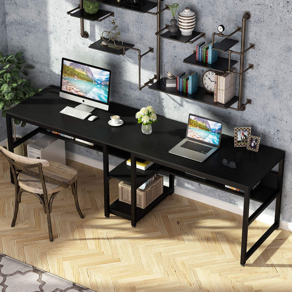 Tribesigns Rustic Double Desk with Bookshelf - 78.7 Inch Two-Person Computer Workstation in Black Tribesigns
