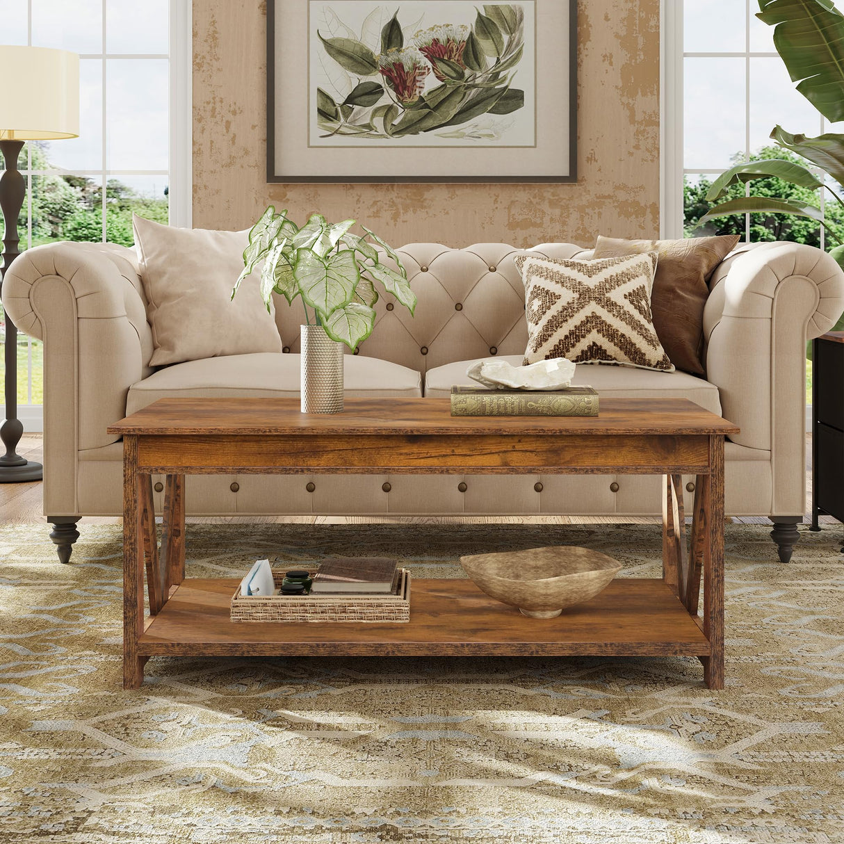 WLIVE Farmhouse Coffee Table,Living Room Table with Storage,43 in Wood Center Table with V-Shaped Frame for Home Office,Apartment,Rustic Brown WLIVE