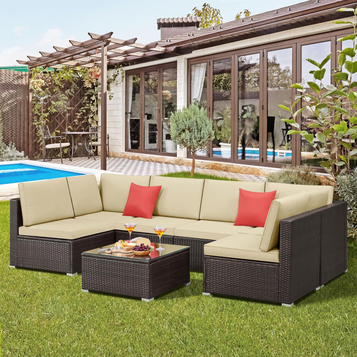 Yaheetech Patio Furniture Set, 7-Piece Outdoor/Indoor Rattan Wicker Sofa Set w/Glass-top Table & Cushions, All-weather Conversation Lounge Set for Porch/Yard/Poolside/Balcony - Brown/Khaki Yaheetech
