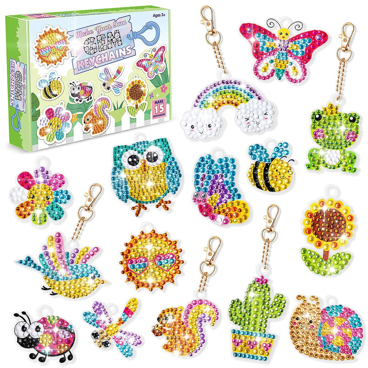 FFNIU Diamond Art for Kids, 15 Pack Diamond Art Painting Keychains, DIY Gem 5D Painting Arts and Crafts for Boys Girls Ages 6-8-12 (Garden Animals) FFNIU