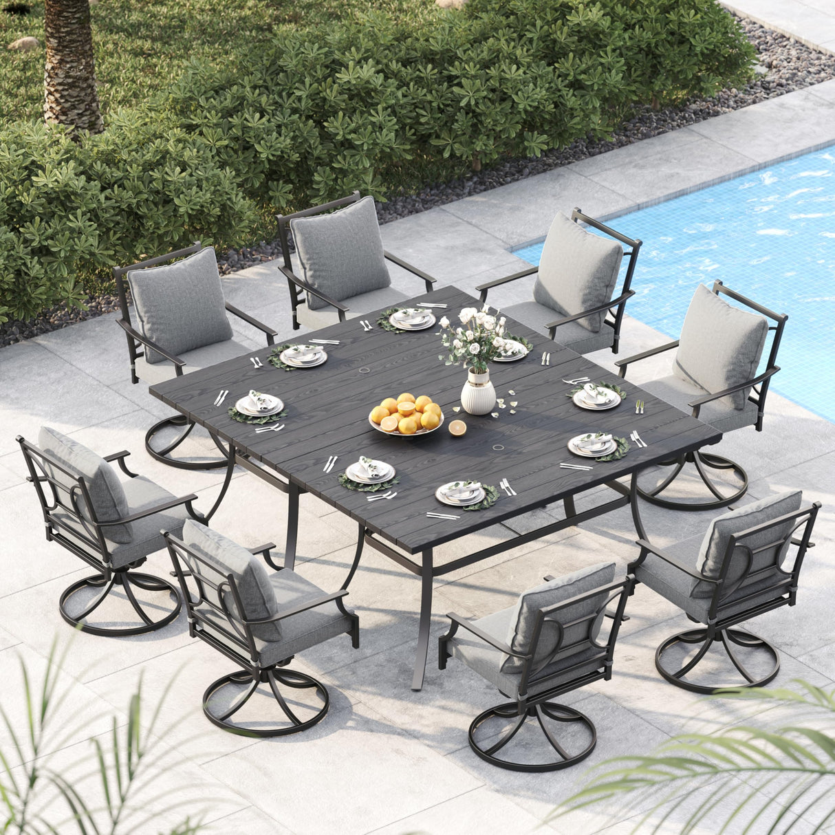 Grand patio 10-Piece Patio Dining Set for 8, 8 E-Coated Outdoor Dining Set Swivel Patio Dining Chairs with Olefin Cushions & 2 Rectangular Faux Woodgrain Table with 1.5”Market Umbrella Hole Grand patio