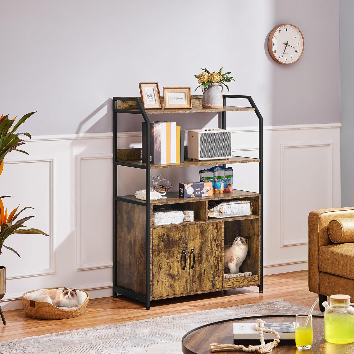 Yaheetech Cat Litter Box Enclosure, Hidden Litter Box Furniture w/Shelf & Storage Compartments, Cat Washroom, Wood Cat House, Rustic Brown Yaheetech