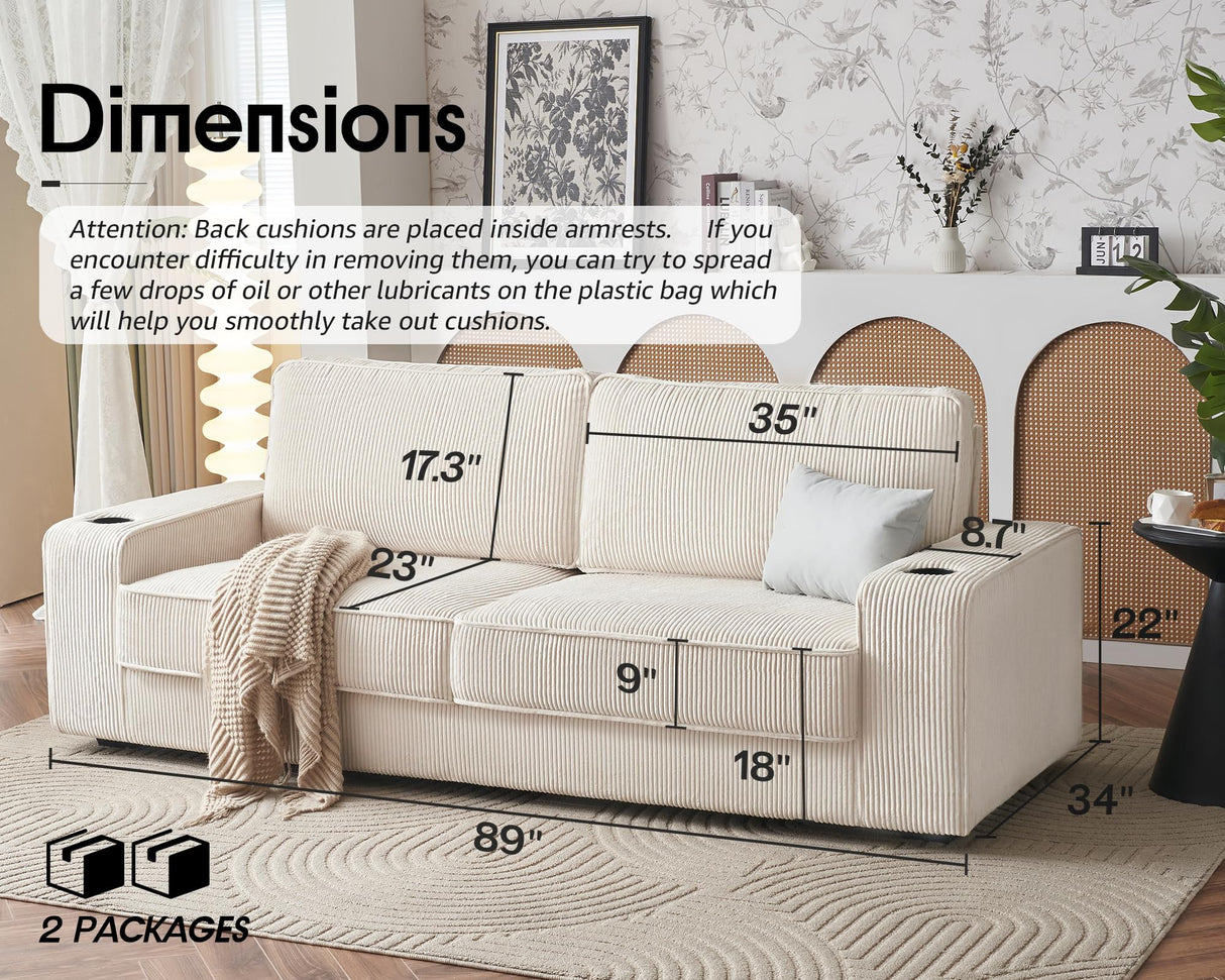 VanAcc Sofa, 89 inch Modern Sofa with USB Charging Ports & Cup Holders, Deep Seat Sofa Couch- Comfy Couch for Living Room (Beige Corduroy) VanAcc