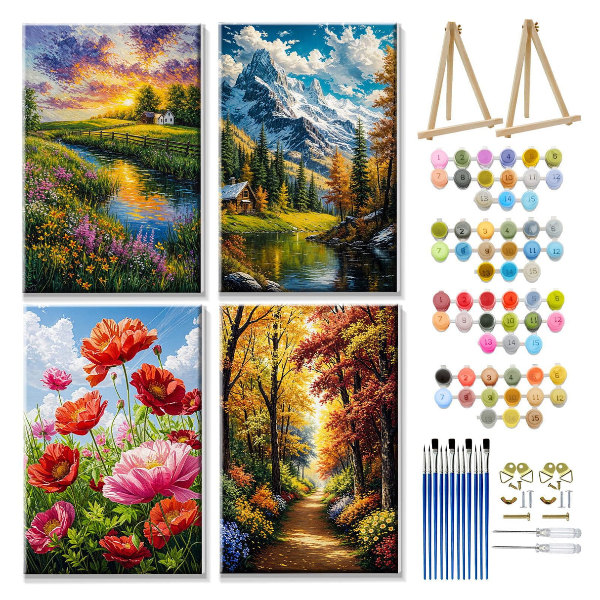 JOOZ 4 Pack Paint by Numbers Kit for Adults with Frame Landscape Paint by Number with Easel Flowers Adult Paint by Number Kit DIY Mountain Oil Painting Kits for Home Wall Decor 8x12 Inch JOOZ