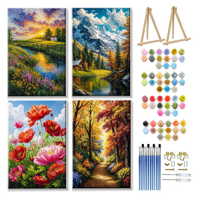 JOOZ 4 Pack Paint by Numbers Kit for Adults with Frame Landscape Paint by Number with Easel Flowers Adult Paint by Number Kit DIY Mountain Oil Painting Kits for Home Wall Decor 8x12 Inch
