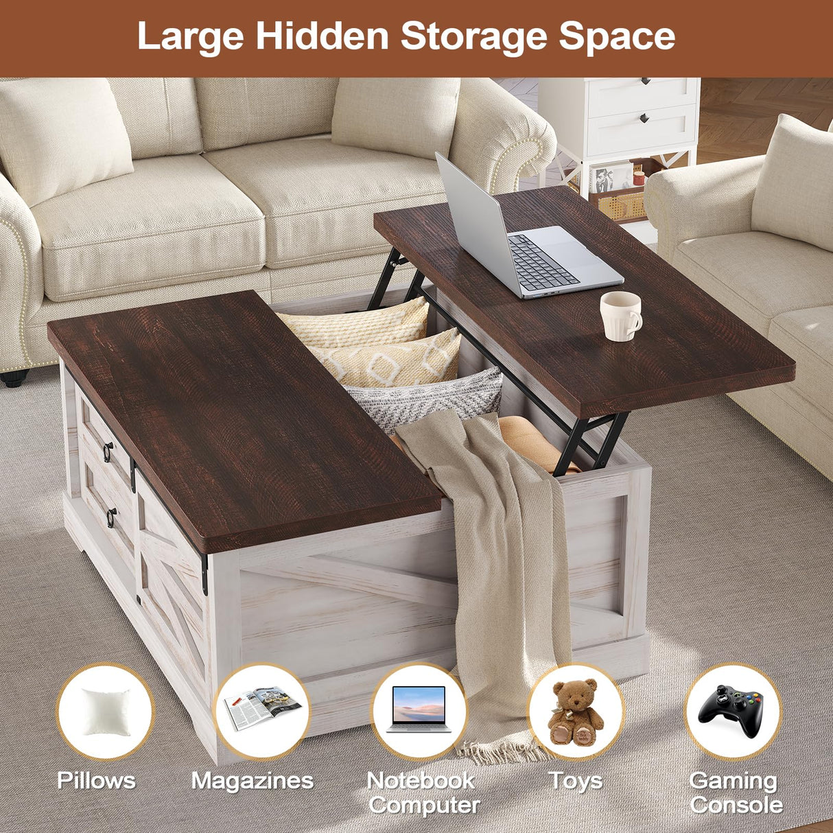 Itaar 39.4'' Lift Top Coffee Table with Storage, Farmhouse Coffee Tables for Living Room, Square Coffee Table with Large Hidden Compartment & 2 Drawers & Adjustable Shelves, White Itaar
