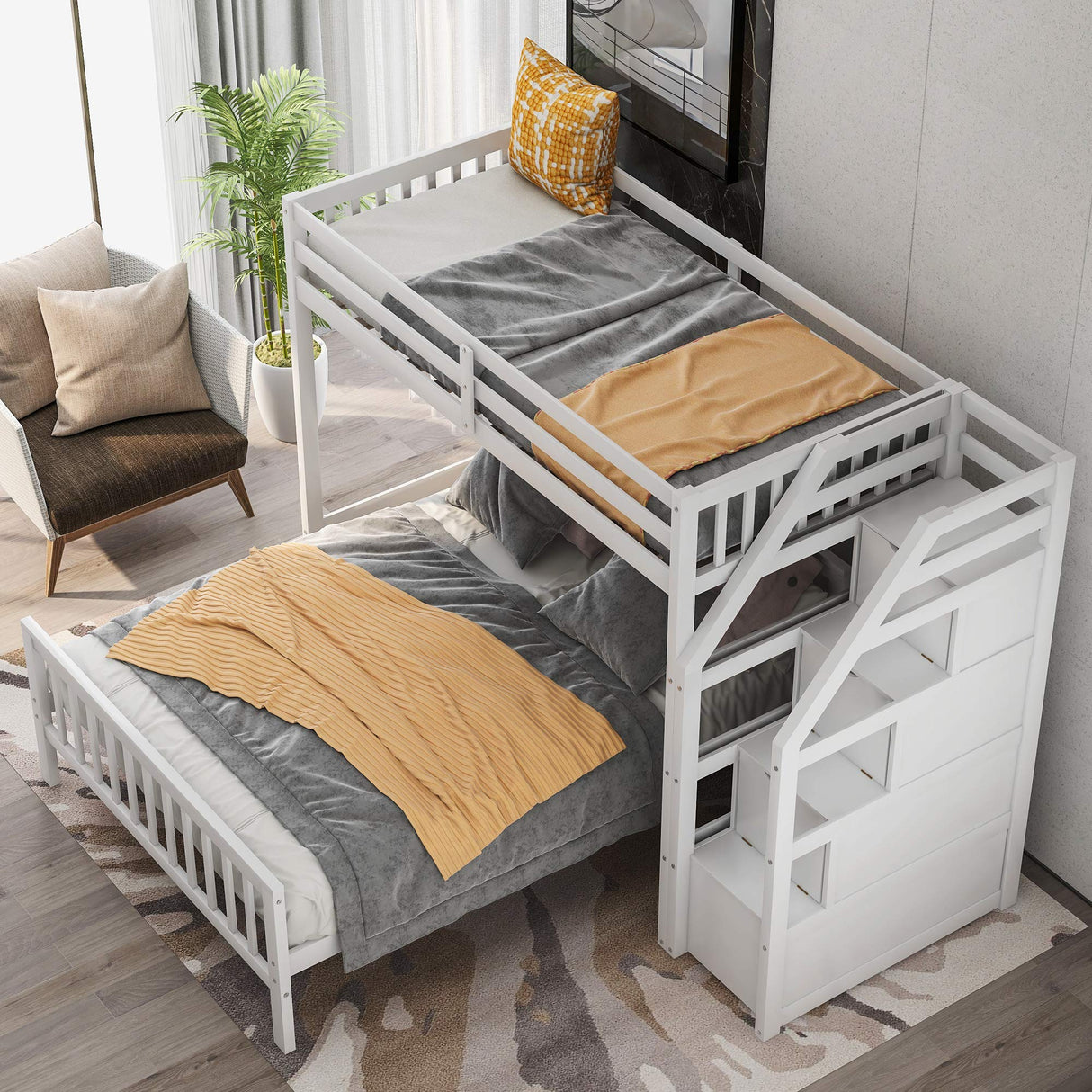 Twin Over Full Bunk Bed, L-Shaped Loft Bed Platform with 3 Storage Staircase, Durable Wood Bedroom Furniture with Safety Guardrail,Convertible Bunk Bed for Family Teens, No Box Spring Needed, White JYH