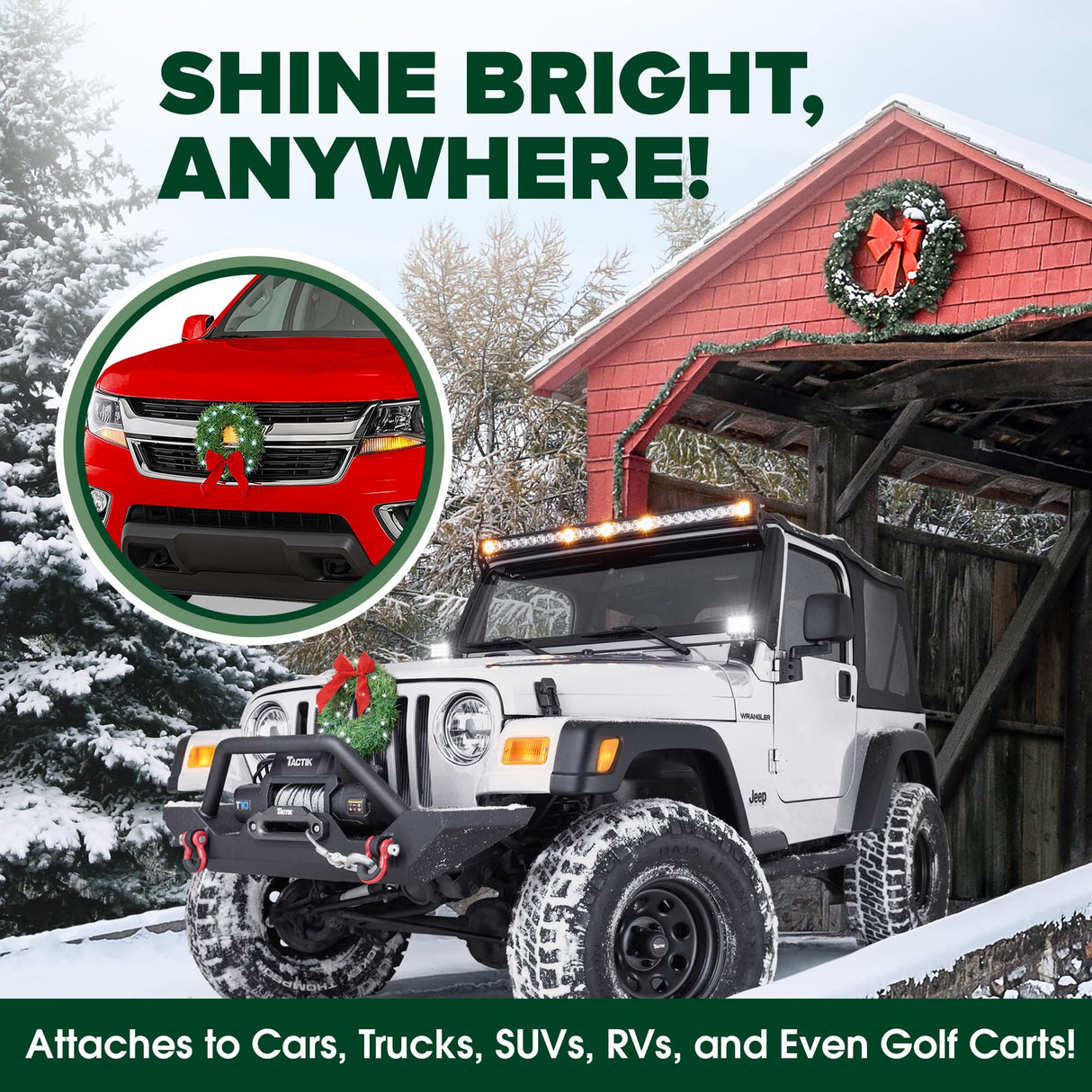 Christmas Car Decoration - Car Christmas Wreath - 2024 Light-Up Christmas Wreath for Car Grill - Fits Jeeps Trucks SUVs RVs Golf Carts and More - 12-Volt Plug-in Wreath Lighting TACTIK