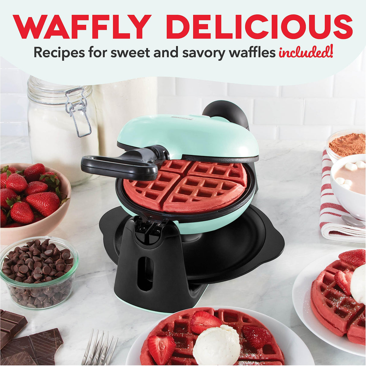 DASH Flip Belgian Waffle Maker – 1” Thick Waffle Mold, Nonstick Waffle Iron with Quick Heat-Up, Surface - Rotating Belgian Waffle Maker for Kids and Families, Just Add Batter (Aqua) DASH