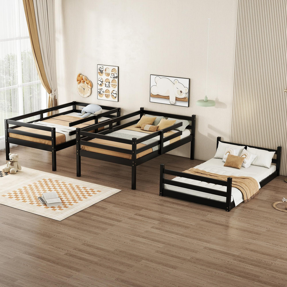 Hommoo Triple Bunk Bed Twin Over Twin Over Twin Wood Bed Frame Convertible Loft Bed for 3 Teens Adults with Ladder and Guardrail for Small Space Bedroom Dorm Black Hommoo