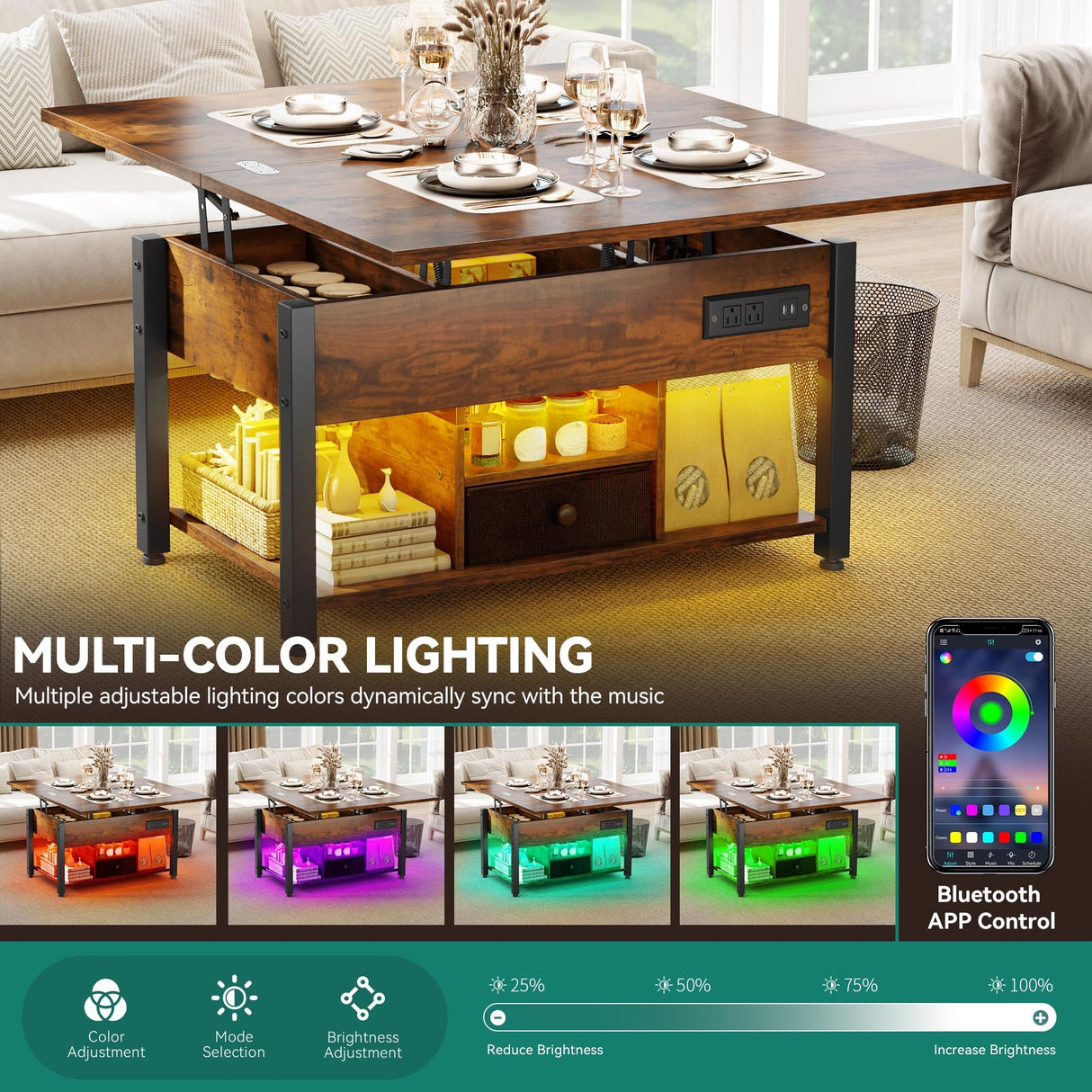 YITAHOME 4-in-1 Lift Top Coffee Table with RGB Light & Dual Tops, Multi-Function Table with Power Outlets, Storage, Converts to Dining Table Computer Desk Gaming Hub, Living Room, Home Office, Brown YITAHOME
