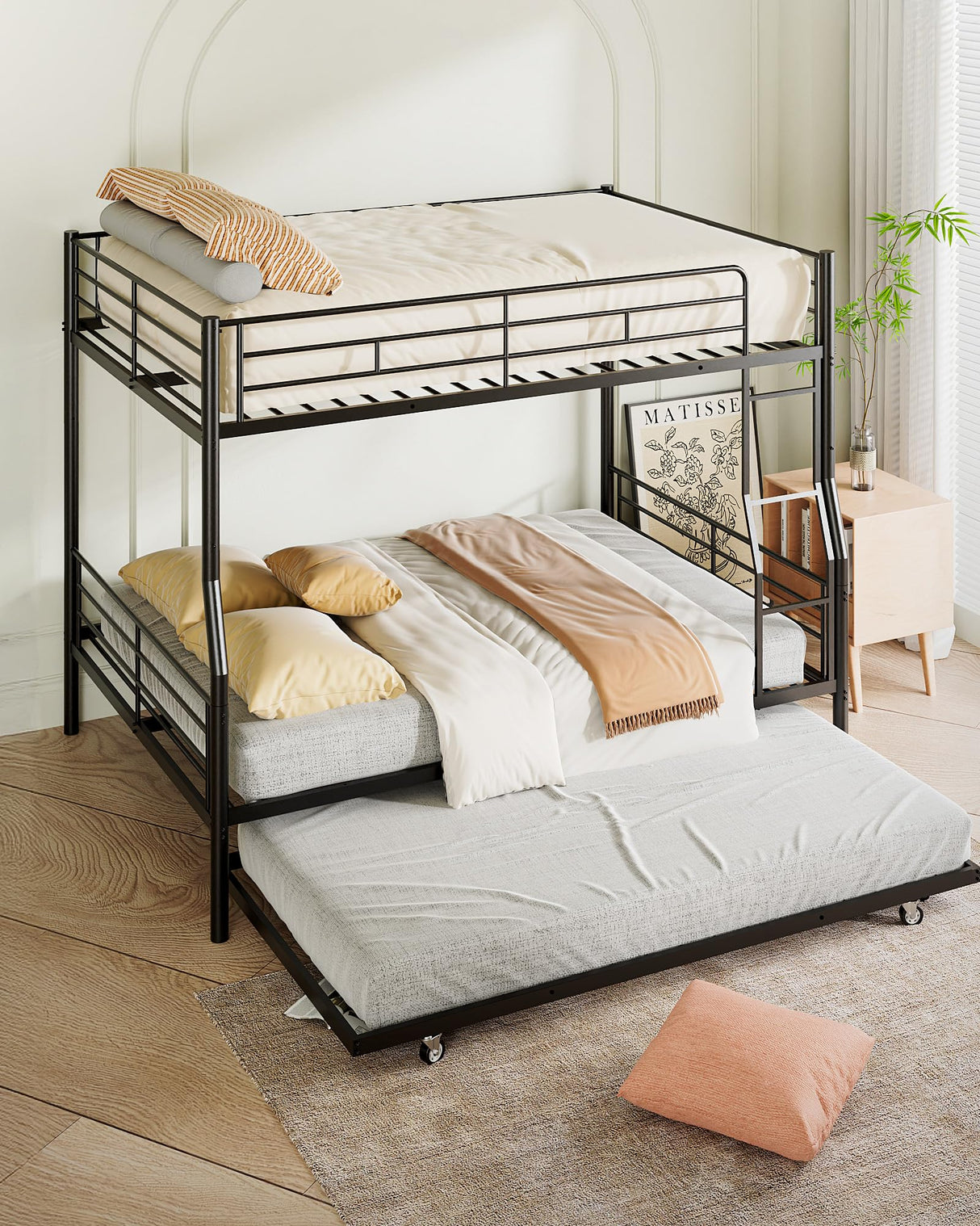 Mixcous Full XL Over Queen Bunk Bed with Trundle, Heavy-Duty Queen Bunk Bed with Safety Ladder and Full-Length Guardrail, Convertible to 3 Beds for Teens and Adults, Black Mixcous