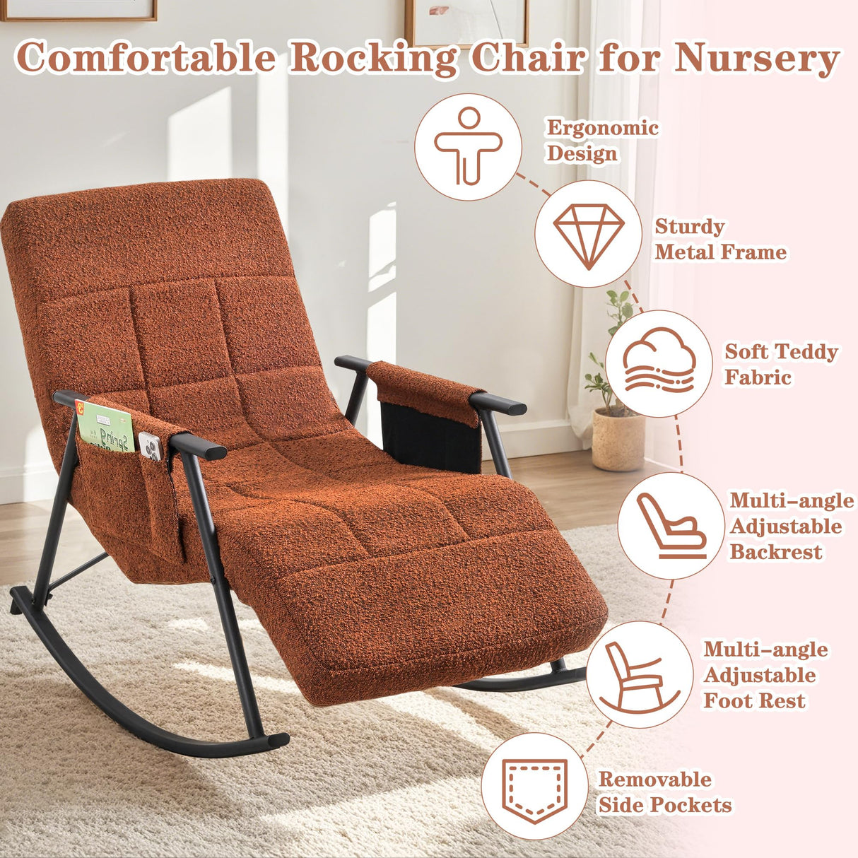 VECELO High Back Nursery Rocking Chair with Foot Rest, Teddy Upholstered Reclining Glider Rocker, Comfy Armchair Padded Seat Removable Side Pockets for Living Room, Bedroom, Balcony VECELO