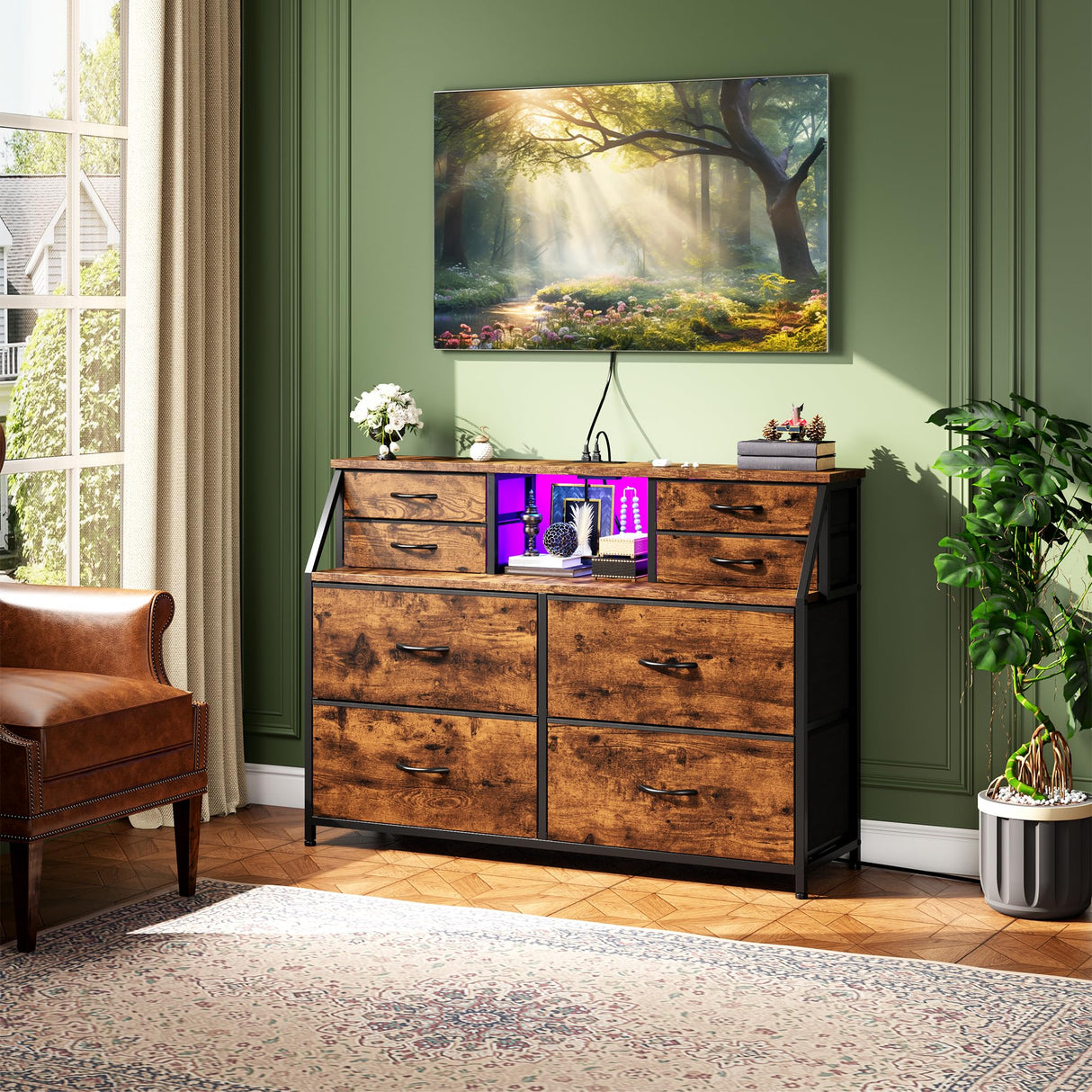 Romorgniz Dresser for Bedroom with Charging Station and LED, Sturdy Chest of Drawers with 8 Drawers and Two Open Shelves for Storage,Bedroom, Living Room,Hallway (Rustic Brown) Romorgniz