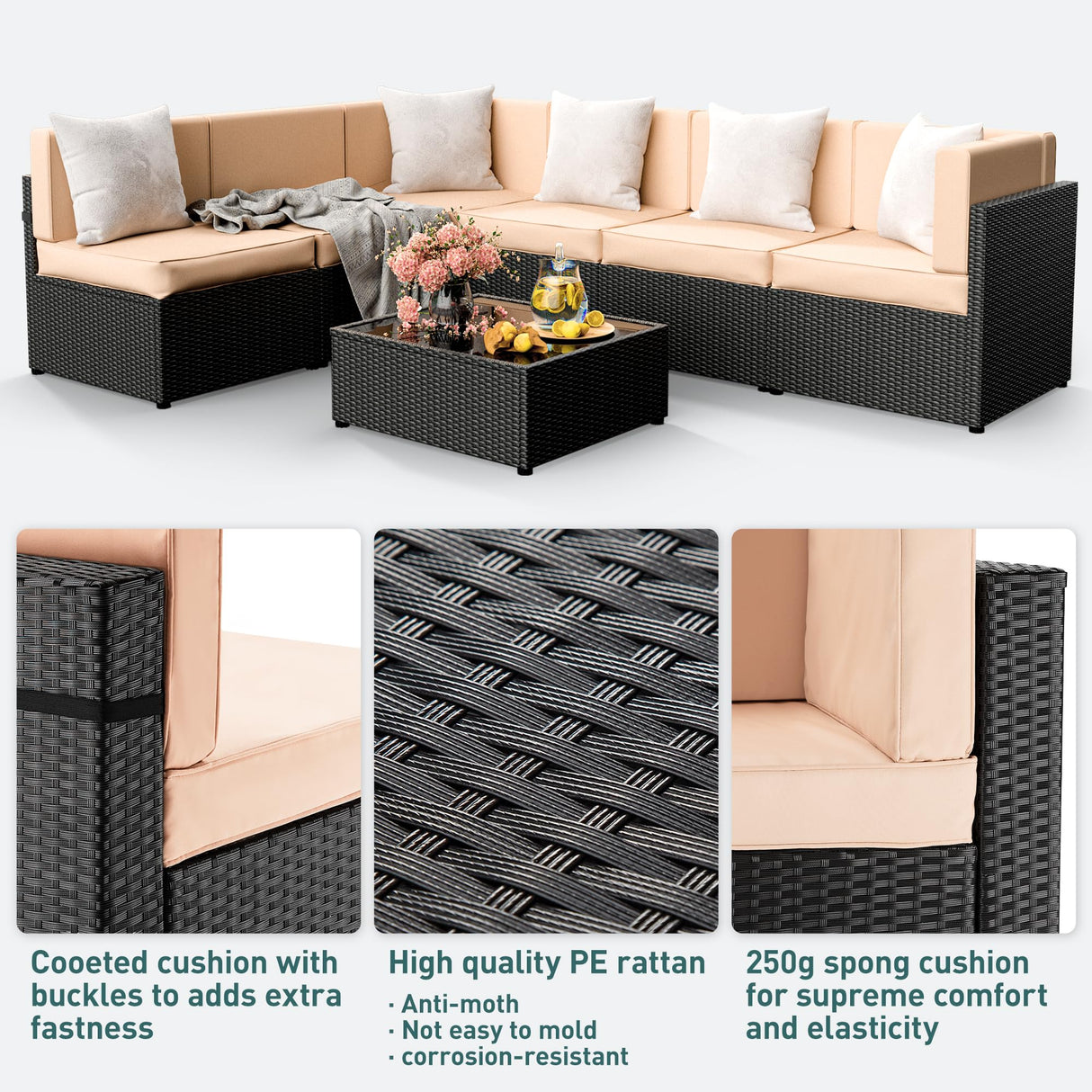 Pamapic 7 Pieces Outdoor Sectional Furniture,Wicker Patio sectional Furniture Sets,All-Weather Rattan Sectional Sofa Conversation Set with Coffee Table and Washable Couch Cushions Covers Pamapic