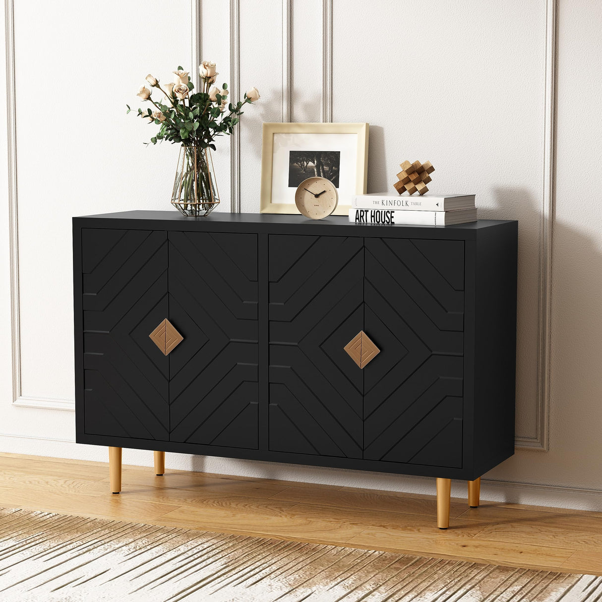 HLR 48" Accent Cabinet with 4 Doors and Shelves, Modern Sideboard Buffet Cabinet with Decorative Embossed Pattern Doors, Credenza Storage Cabinet for Living Room, Kitchen, Dining Room, Hallway HLR