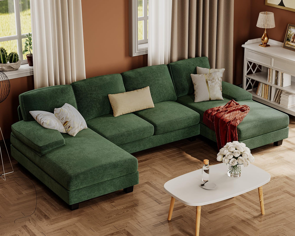 Furmax Sectional Couches for Living Room, U-Shaped Sofa Couch with Linen Fabric, 4 Seat Sofa Set with Double Chaise for Apartment (Fabric, Green) Furmax