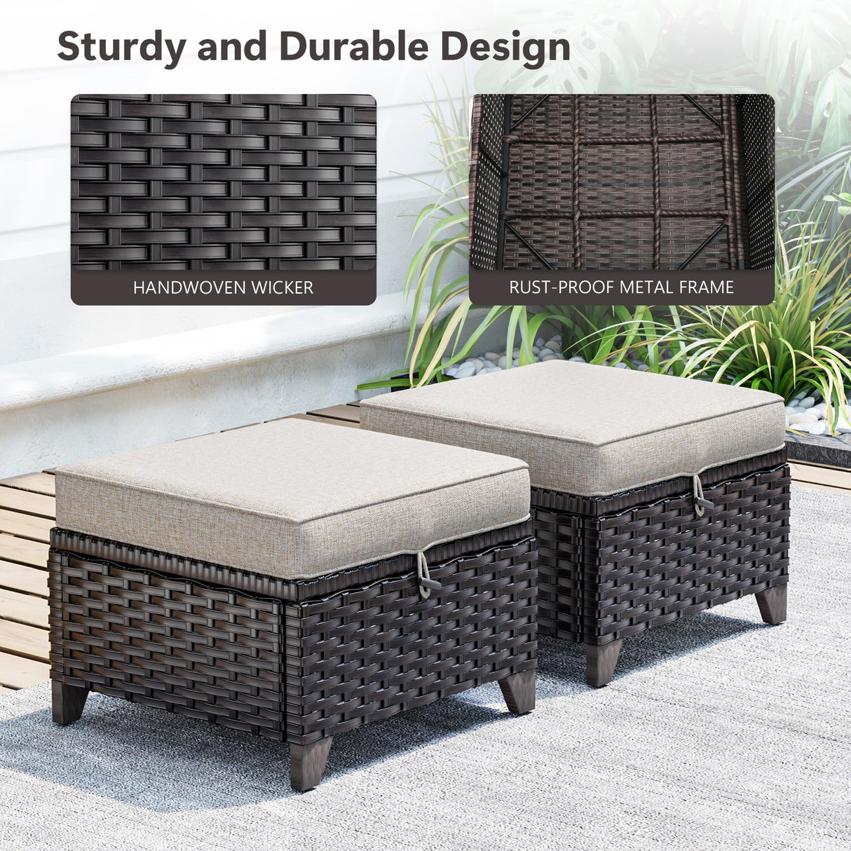MaxMulti Patio Ottomans Set of 2, Outdoor Wicker Footrest with Thickened Cushions, Outdoor Rattan Ottoman for Porch, Backyard and Deck (Beige) MaxMulti