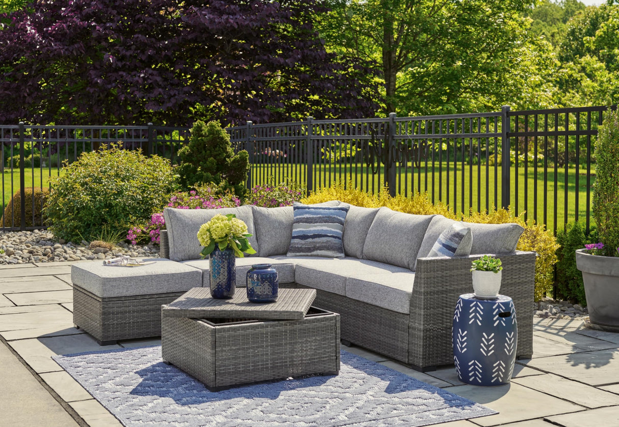 Signature Design by Ashley Petal Road Casual Weather Resistant Cushioned Outdoor Loveseat Sectional/Ottoman/Table Set with 2 Throw Pillows, Set of 4, Gray Signature Design by Ashley