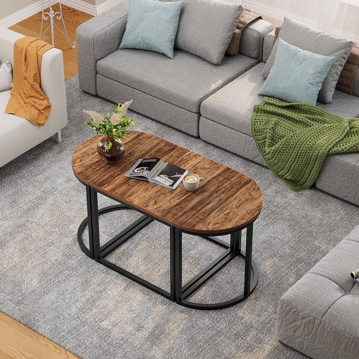 GreenForest Coffee Table Oval 3pcs Set, Modern Living Room Table with 2 End Tables, Small Center Table with Metal Frame for Home Apartment, Walnut GreenForest