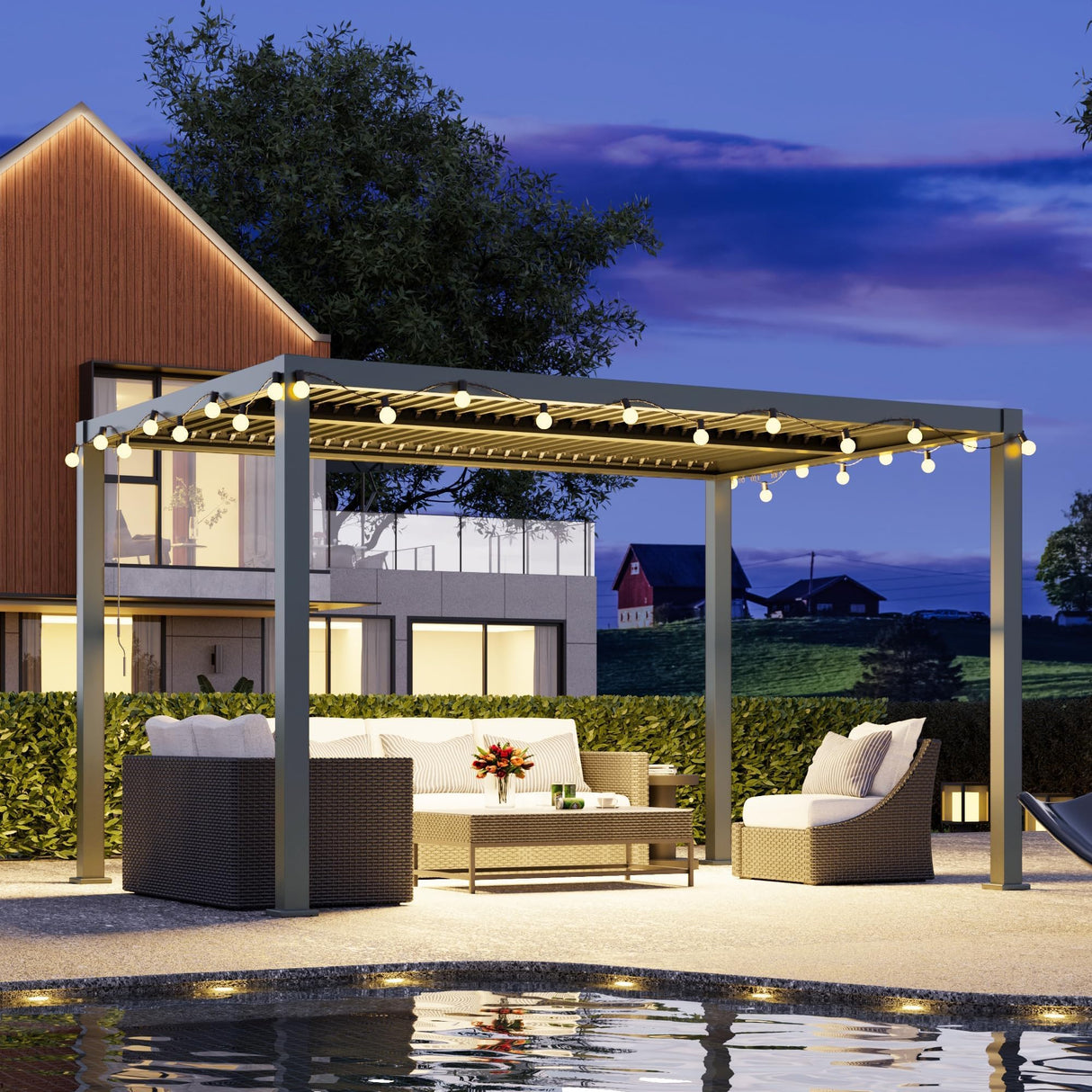 Louvered Pergola 10'x12', Full Aluminum Outdoor Pergola with Adjustable Rainproof and Gutter System, Hardtop Gazebo for Patio, Deck, Garden, Yard, Black FansaFurn