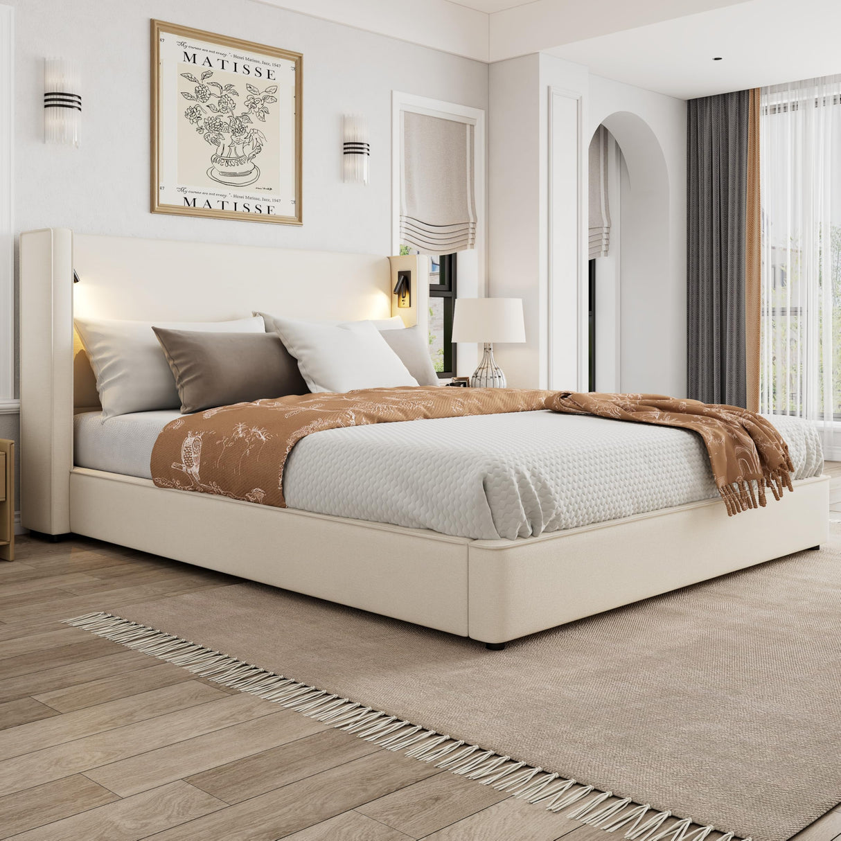 Christopher Knight Home Hazel 49.20" H King Headboard Bed, Upholstered King Size Bed, Slats Panel Support Platform, No Spring Box Needed, Wingback Headboard with Reading Lamps and USB, Beige Christopher Knight Home