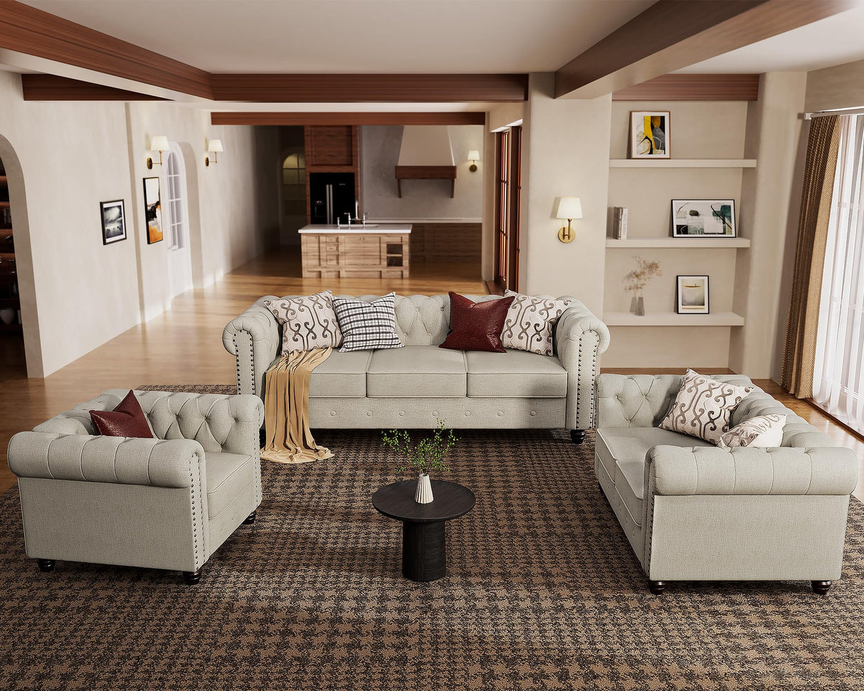Morden Fort Classic Chesterfield Sofa Set 82'', Tufted Sofa Couch Set with Solid Wood Legs Thick Cushion, Pet-Friendly 3-Seater Sofas Couches for Living Room Bedroom Apartment - Linen Beige Morden Fort