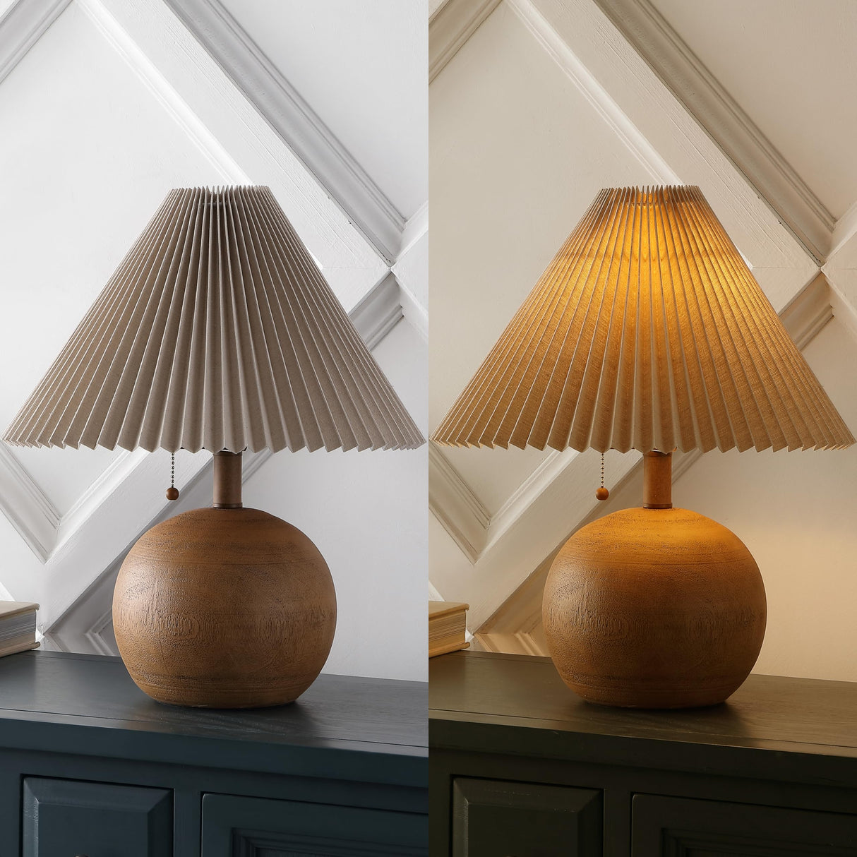 JONATHAN Y JYL1145A Aksel 17.25" Coastal Scandinavian Resin/Iron Sphere LED Table Lamp with Pleated Shade and Pull Chain, Brown Wood Finish/Beige, for Entry Console, Bedroom, Living Room JONATHAN Y