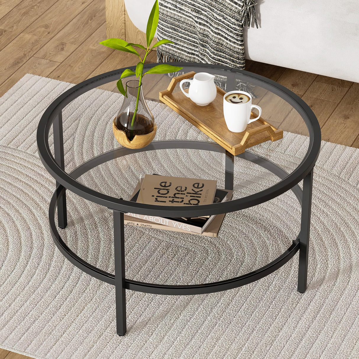 DIYART Black Glass Coffee Table, 29.5 Inch Round Modern coffee table, 2-Tier Round Glass Coffee Table for Living Room, 29.5" D x 16.5" H DIYART