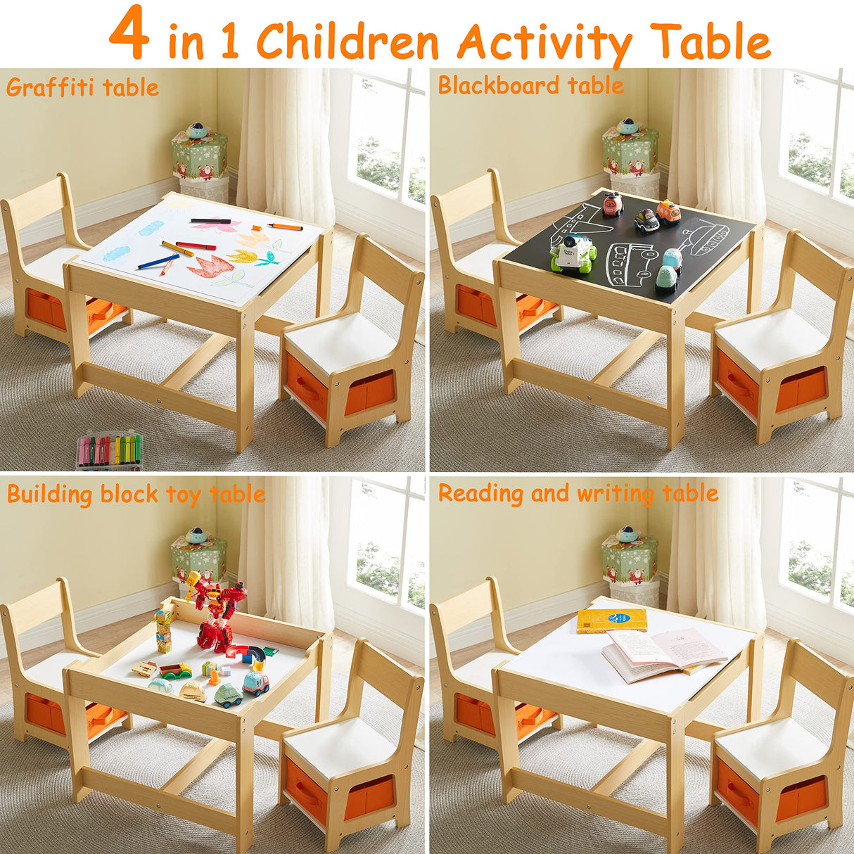Kids Table and Chair Set, 3 in 1 Wooden Activity Table with Storage Drawer for Toddlers Drawing, Reading, Crafts, Play, 2 in 1 Detachable Tabletop GTOLV