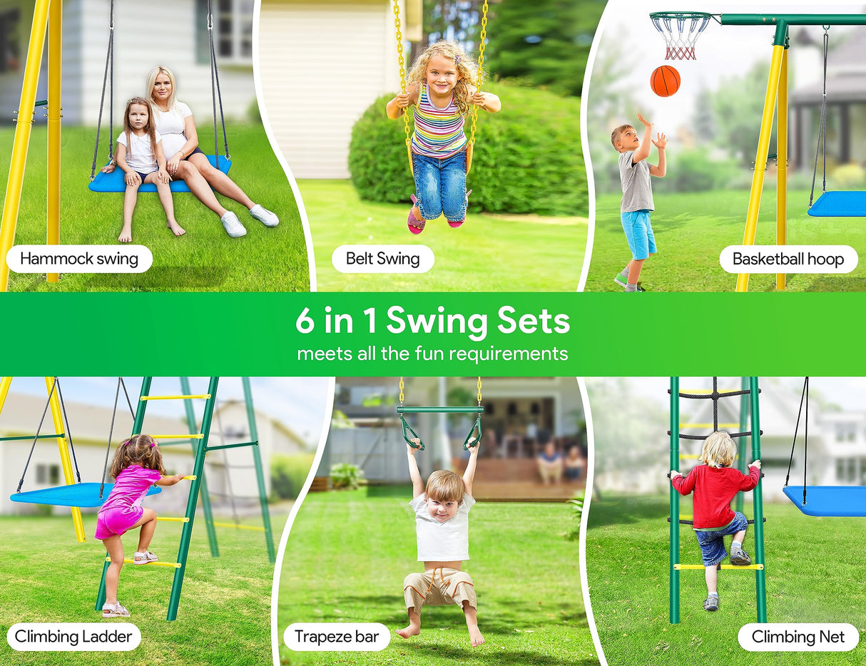 Osoeri Swing Sets for Backyard, 6 in 1 Swing Sets,Heavy-Duty Metal Swing Sets for Backyard with 2 Swings, Climbing Ladder and Nets,Trapeze Bar and Basketball Hoop Osoeri