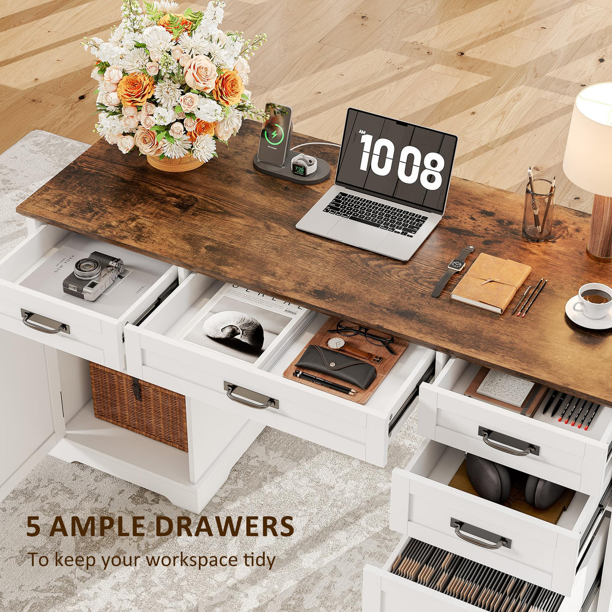 Whalefall 55'' Farmhouse Desk Home Office with Drawers, Executive Computer Desk Wooden with File Cabinet and Charging Station, White Whalefall