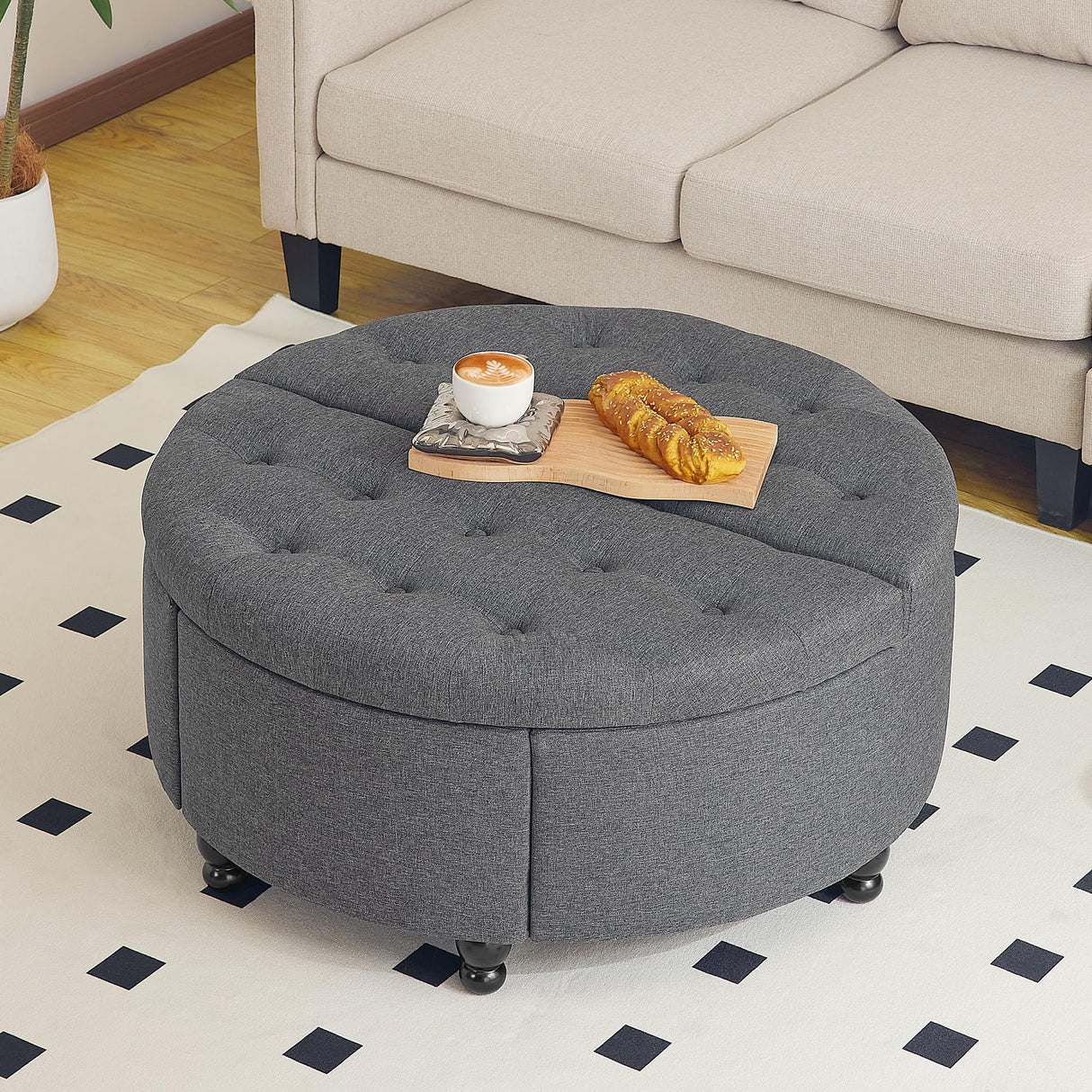 Redlife 35" Wide Round Ottoman with Storage, Storage Ottoman Coffee Table, Tufted Round Ottoman Coffee Table Linen Fabric Round Coffee Table Ottoman with Storage (Dark Grey) Redlifeᅟᅠ