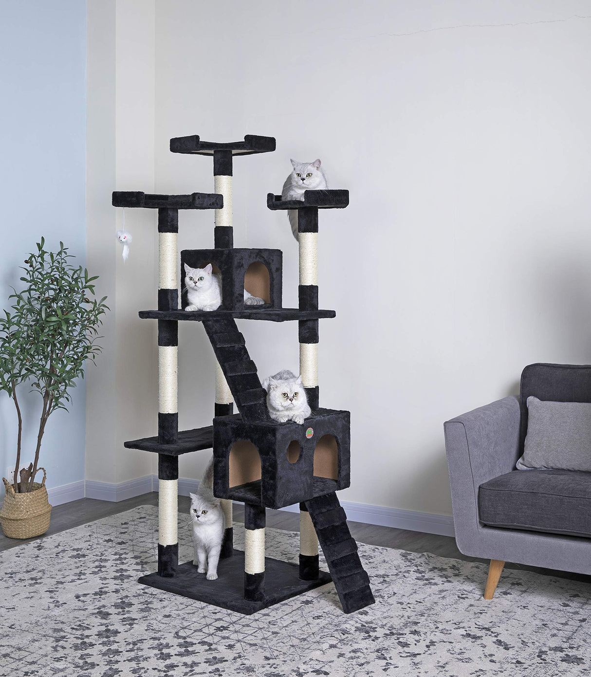 Go Pet Club 72" Tall Cat Tree Tower with Cat Condos - Large Cat Tree - Cat Tower for Indoor Cats - Play Scratch Hide Climb Activity Furniture with Toy - Black Go Pet Club