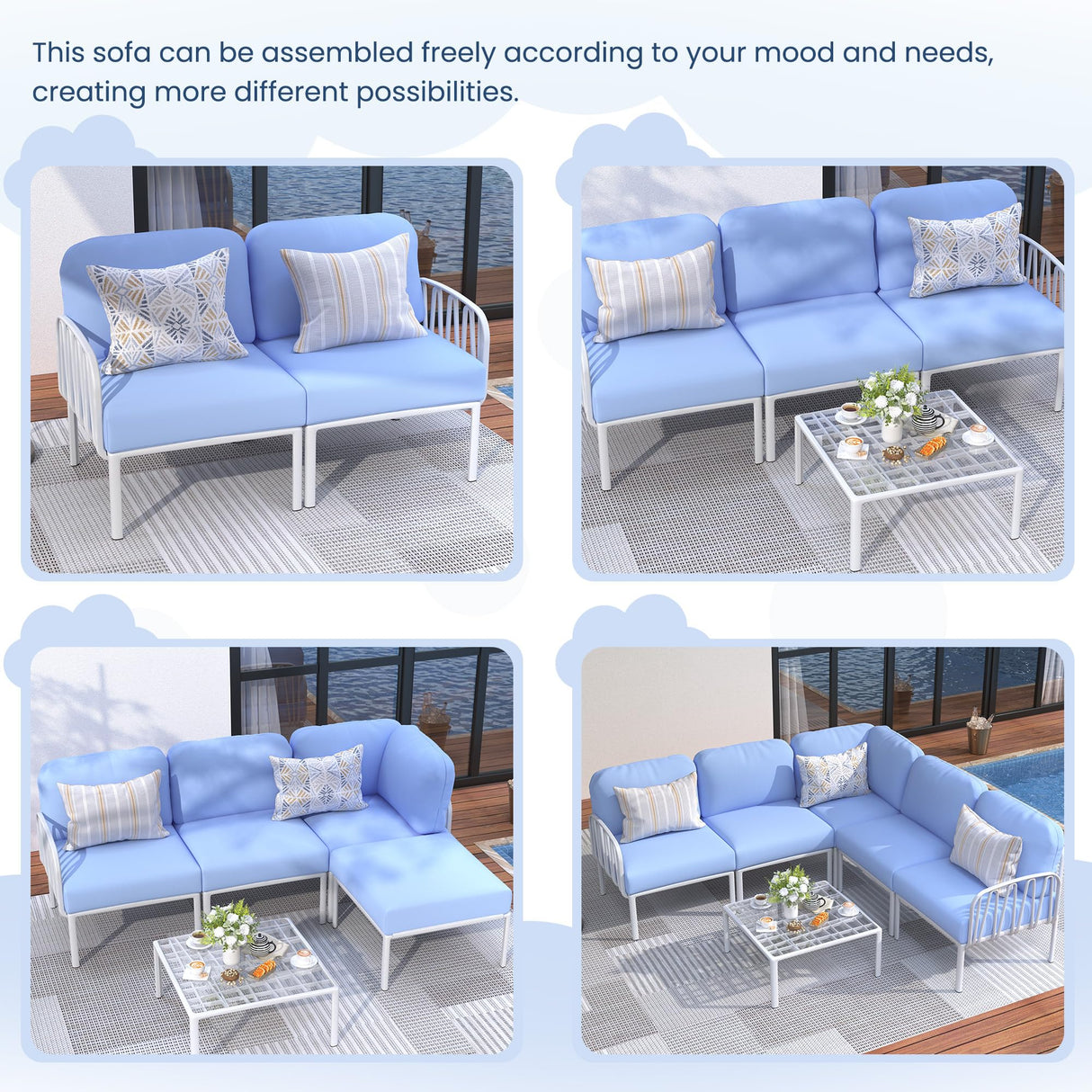 UDPATIO Resin Oversized Patio Furniture Set, Modular DIY Outdoor Sectional Sofa Set, All Weather UV Patio Conversation Set with 5.4'' Thick Cushion for Backyard, Deck, 8pcs Blue White UDPATIO